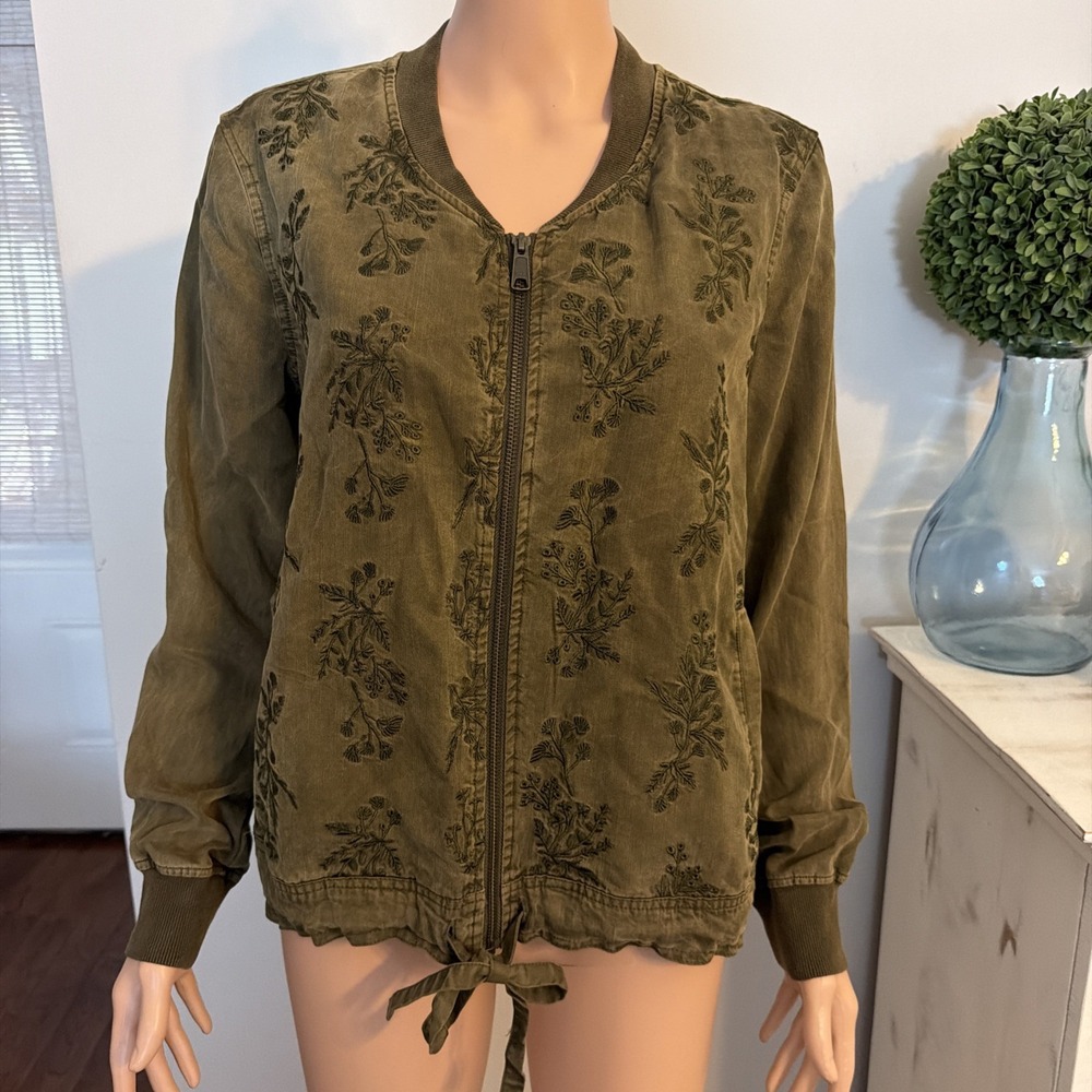 Bob Timberlake Women's Size XS Olive Green Embroidered Bomber Jacket Boho